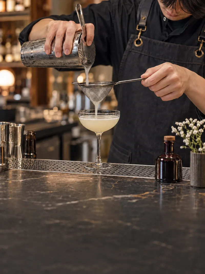 Bartender shaking a cocktail behind a bar
