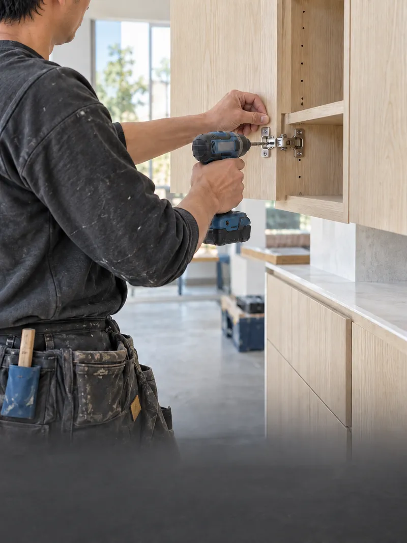 Carpenter drilling a hinge into a cabinet door
