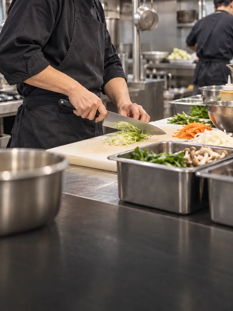 Cook slicing vegetables on a kitchen line