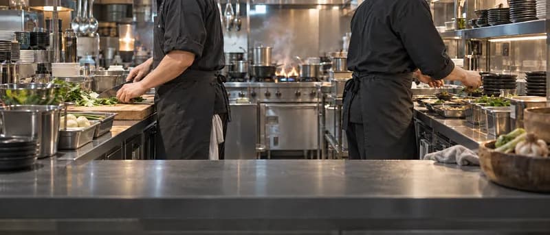 Two cooks working a restaurant kitchen line